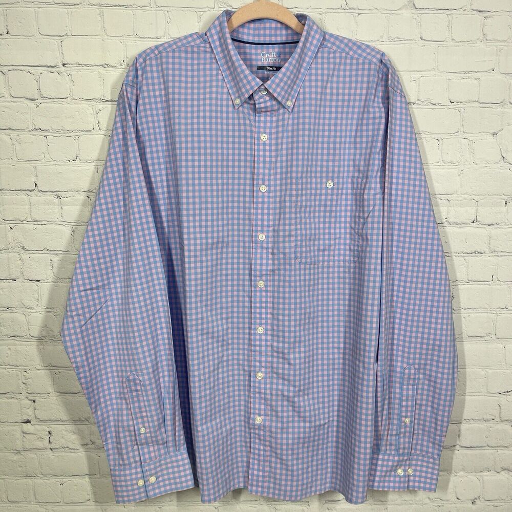 Croft & Barrow Performance Shirt Men XXL Plaid Check Blue Pink Long Sleeve Top